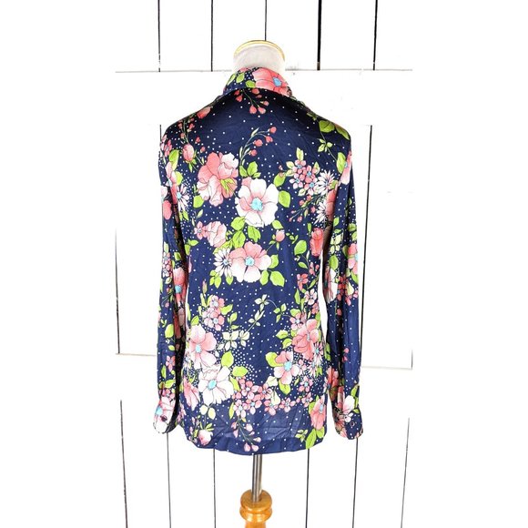 Vintage 70s blue pink floral silky lightweight long sleeve polka dot blouse - Picture 4 of 5